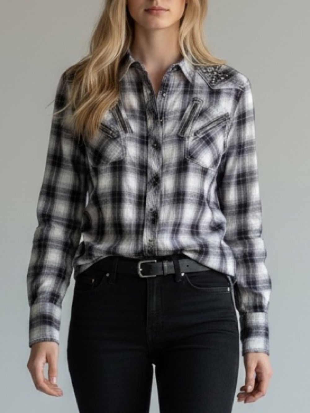ROAR Western Button Front Shirt Joeley Purple Plaid Rhinestone Size XL